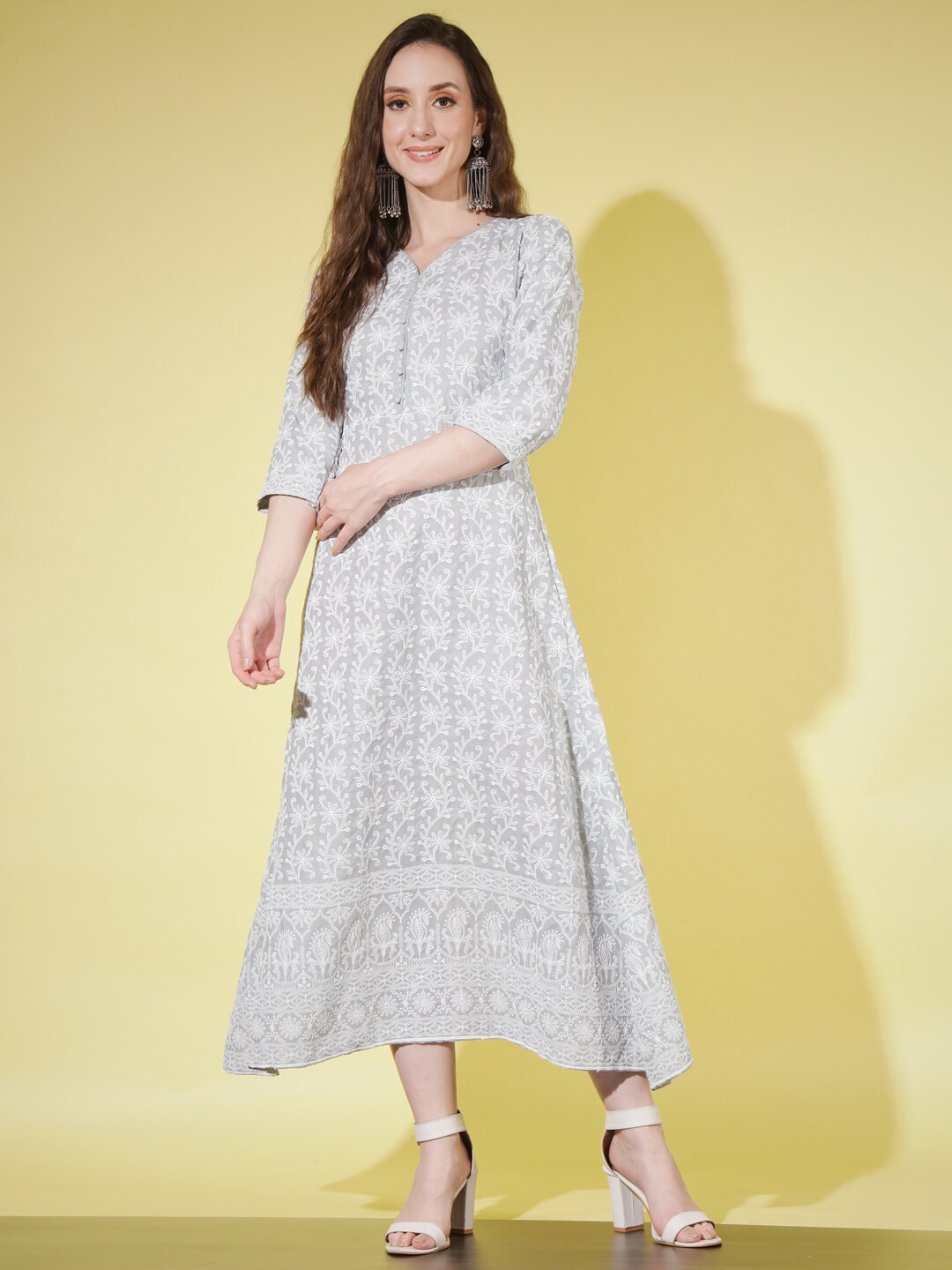 

GUFRINA Ethnic Motifs Embroidered Chikankari A-Line Cotton Ethnic Dress, Grey