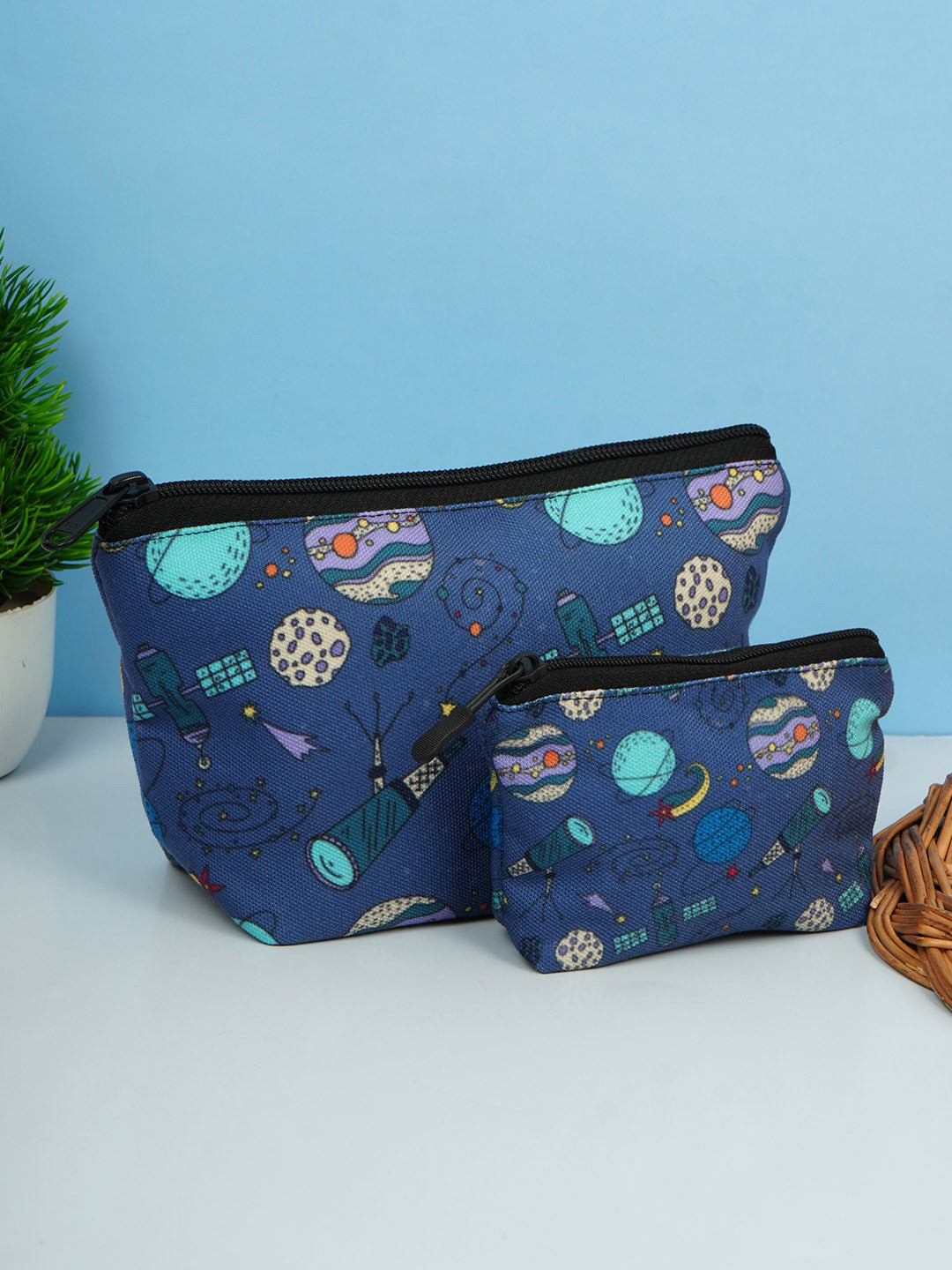 

Crazy Corner Set Of 2 Printed Canvas Multi-Purpose Travel Pouch, Navy blue