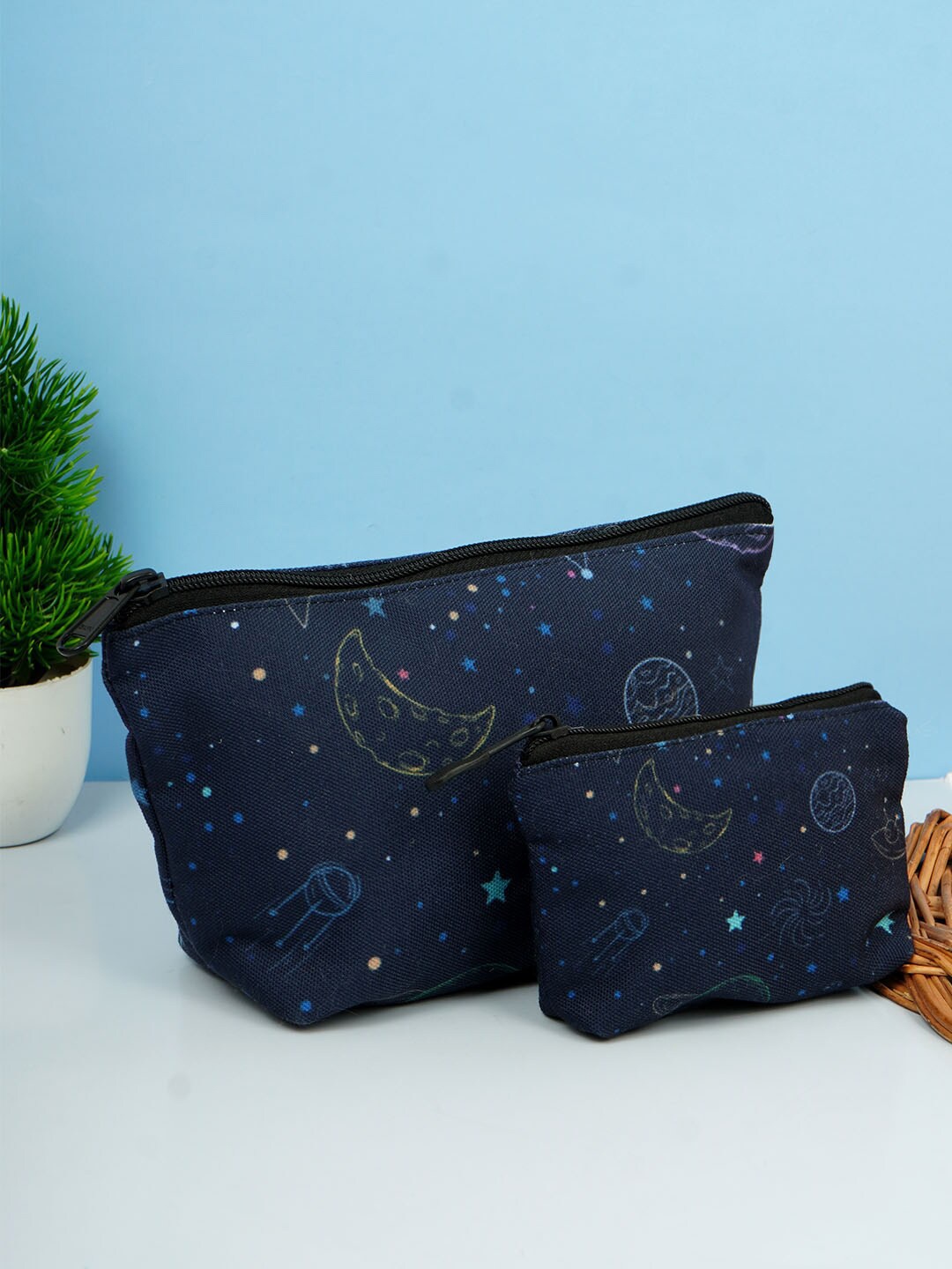 

Crazy Corner Set Of 2 Printed Canvas Multi-Purpose Travel Pouch, Navy blue