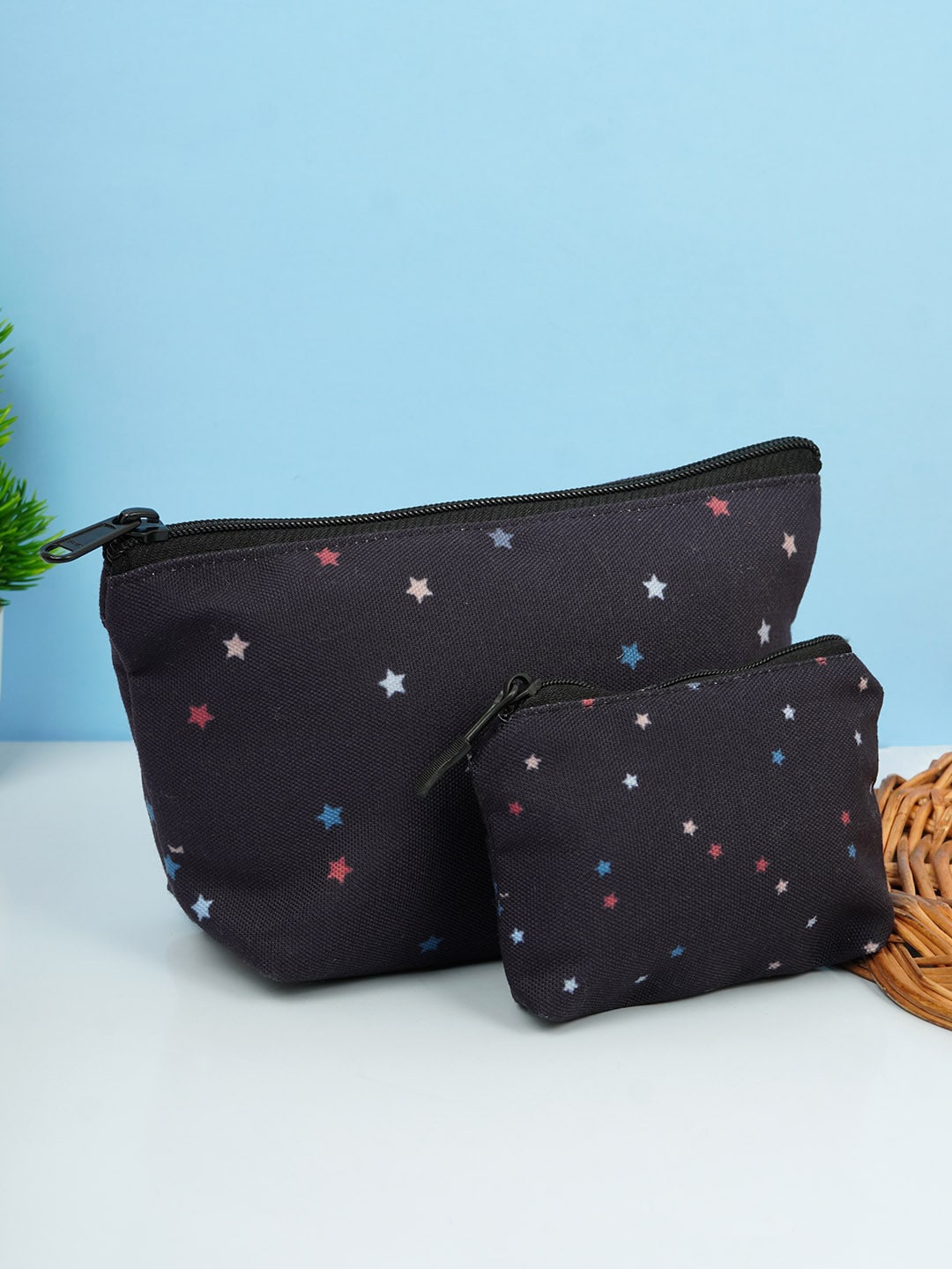 

Crazy Corner Set Of 2 Printed Canvas Travel Pouch, Black