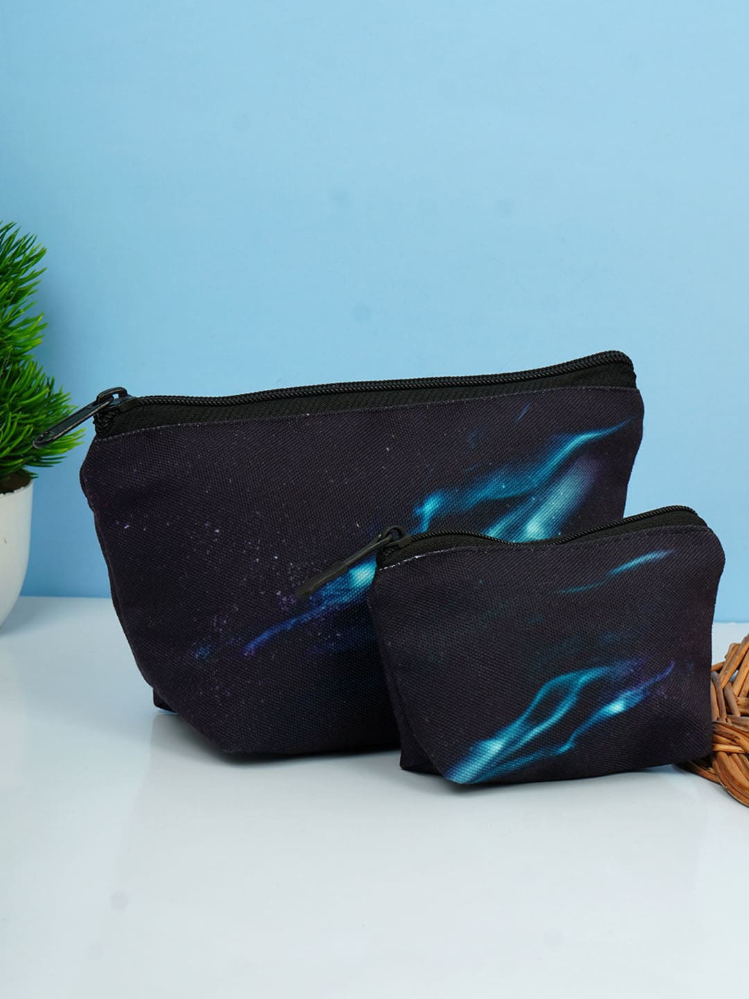 

Crazy Corner Set Of 2 Canvas Printed Travel Pouch, Black