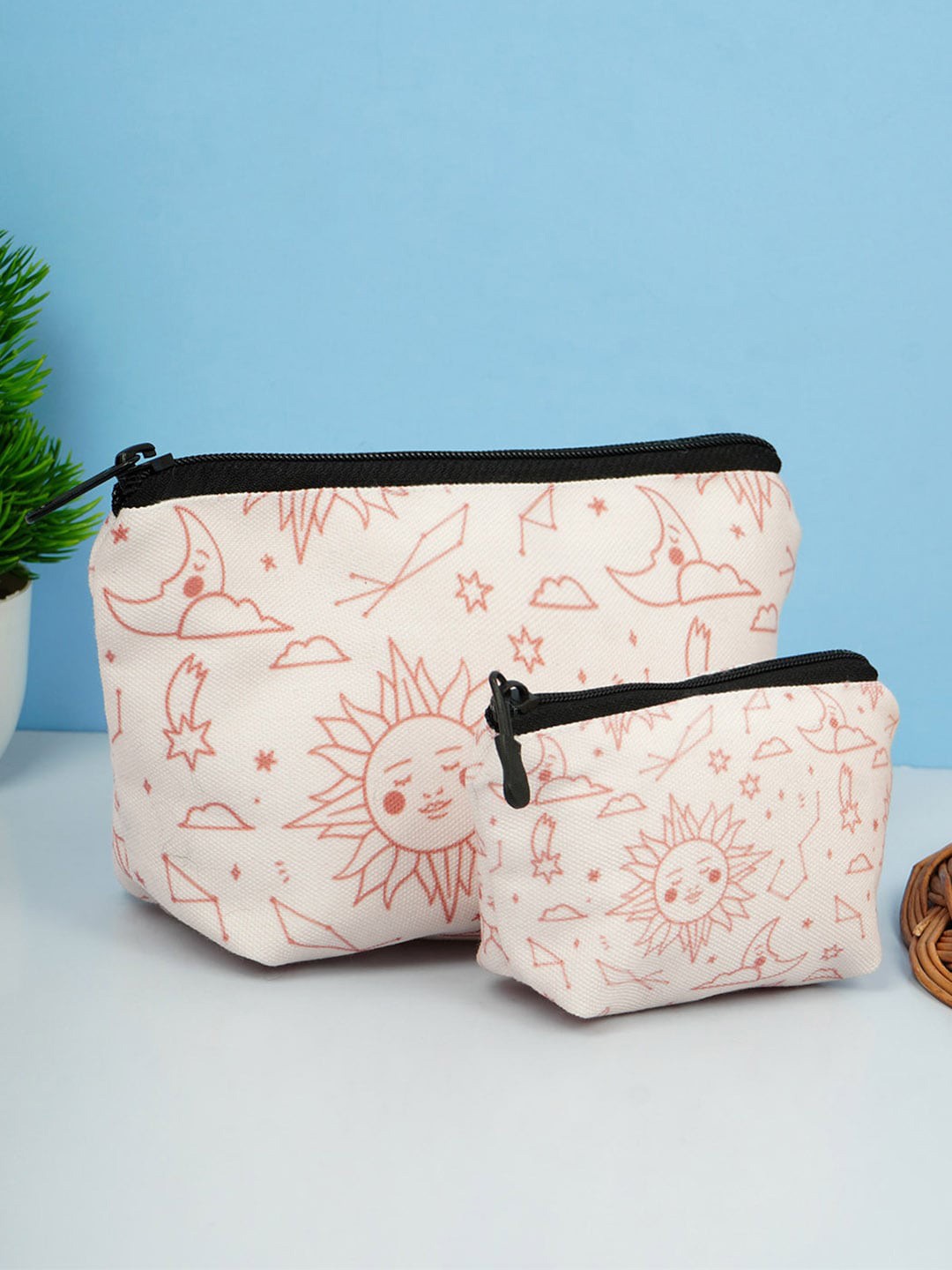 

Crazy Corner Set Of 2 Printed Canvas Multi-Purpose Travel Pouch, Beige