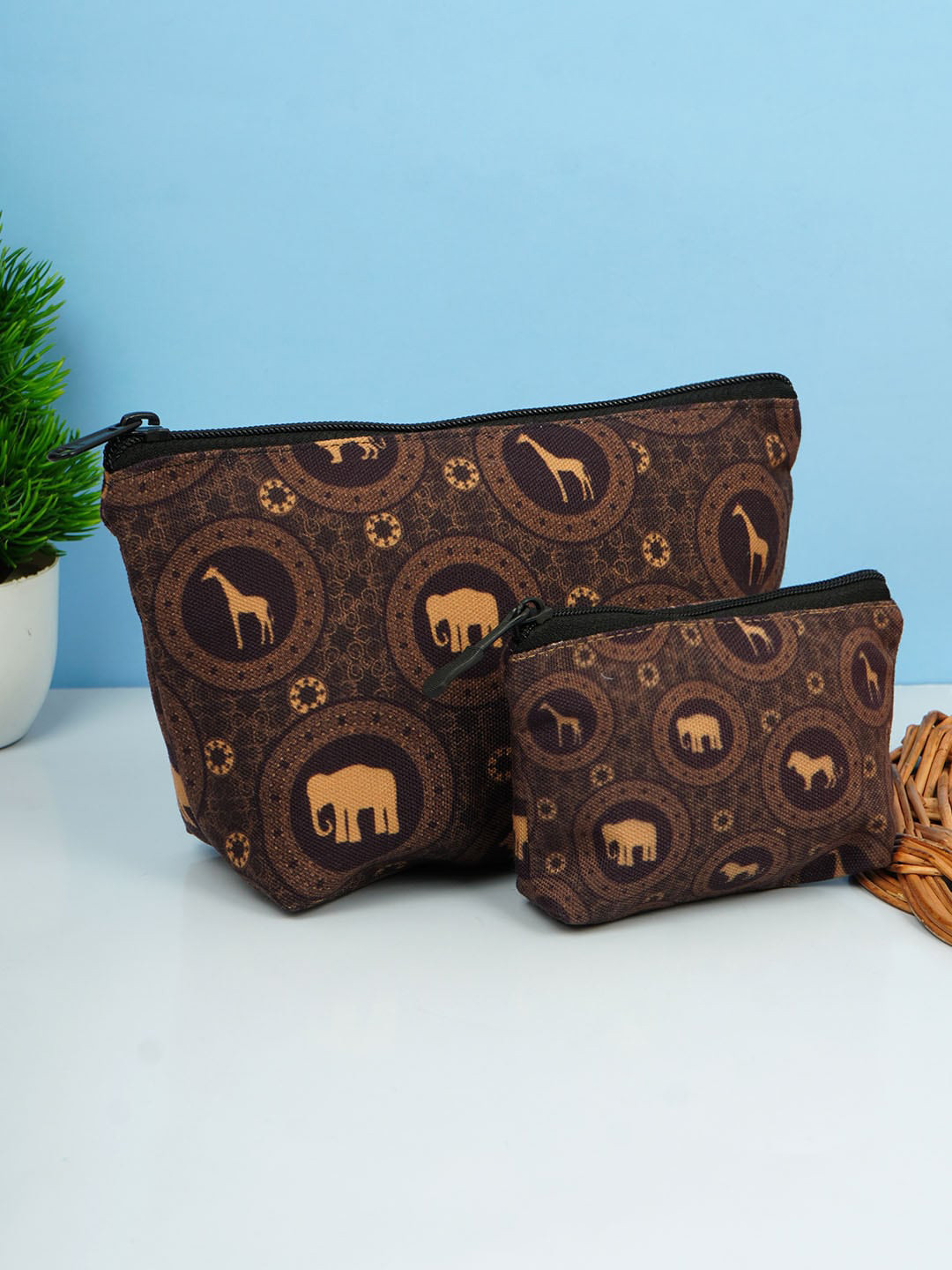 

Crazy Corner Set Of 2 Printed Canvas Travel Pouch, Brown