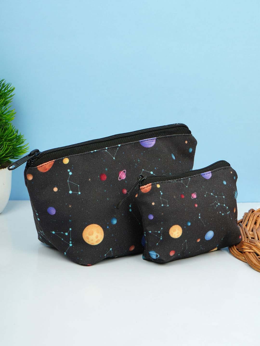 

Crazy Corner Set Of 2 Printed Canvas Travel Pouch, Black