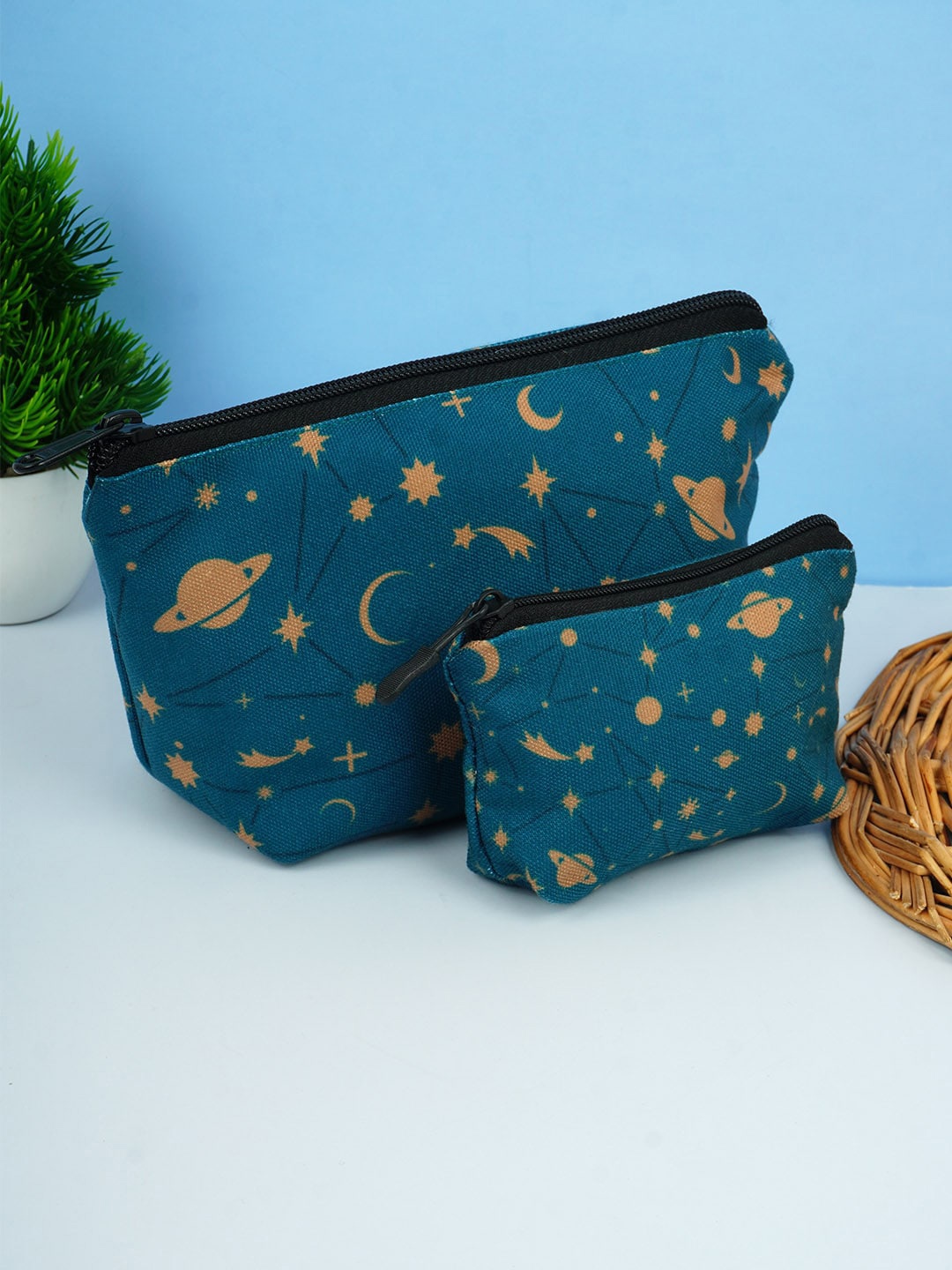 

Crazy Corner Set Of 2 Printed Canvas Multi-Purpose Travel Pouch, Teal