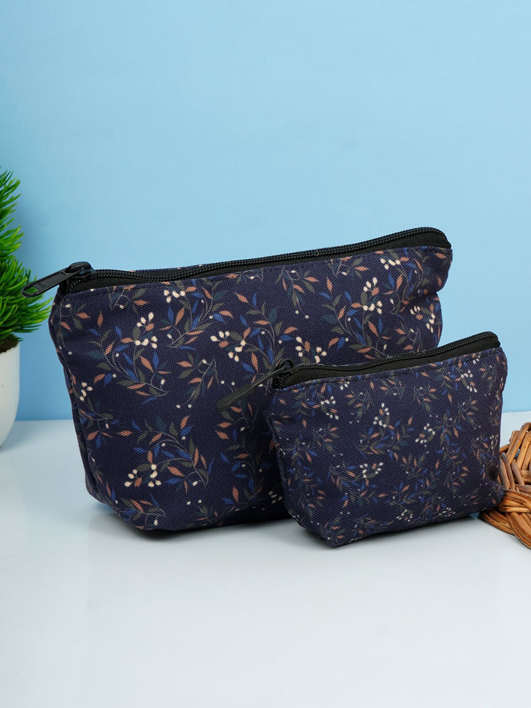 

Crazy Corner Set Of 2 Printed Canvas Travel Pouch, Navy blue