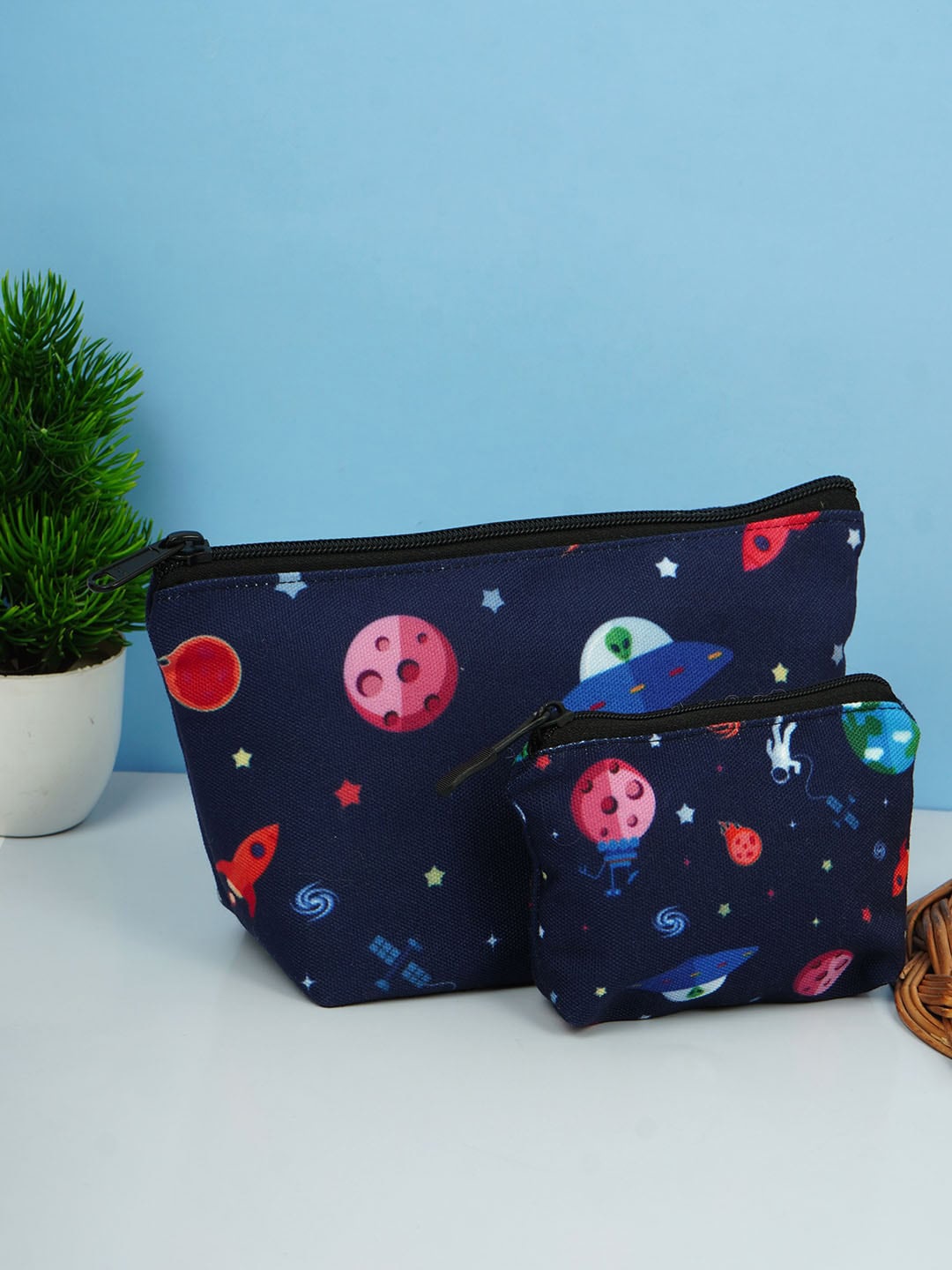 

Crazy Corner Set Of 2 Printed Travel Pouch, Navy blue