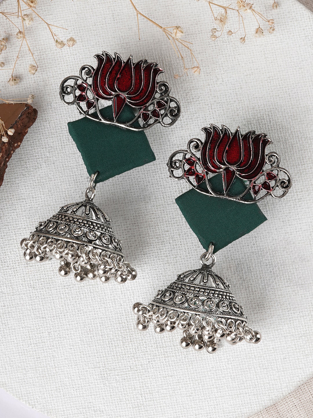 

TEEJH Silver Plated Oxidised Dome Shaped Jhumkas