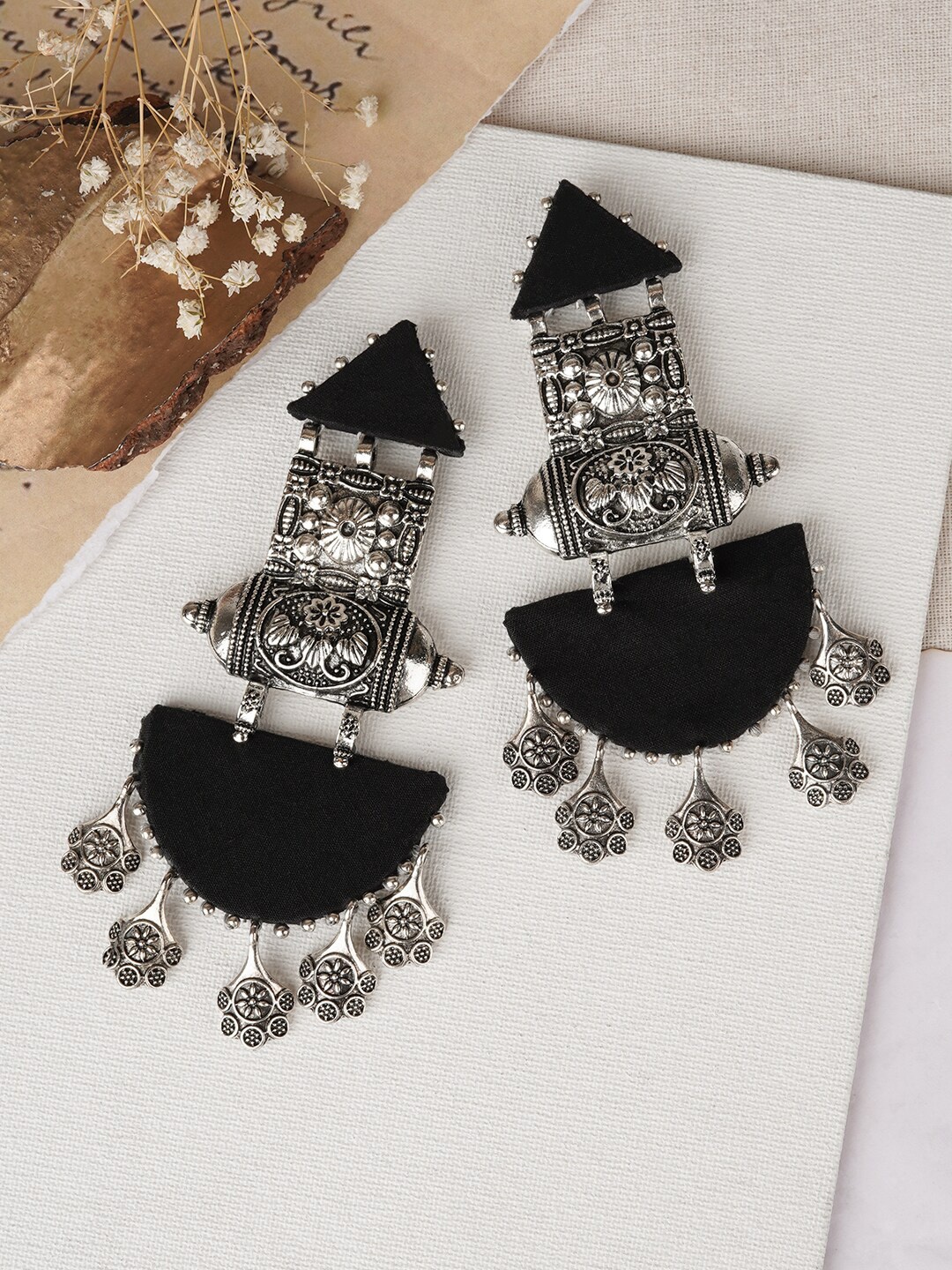

TEEJH Silver-Plated Contemporary Drop Earrings, Black