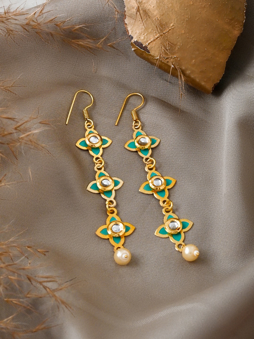 

TEEJH Gold-Plated Floral Stone-Studded & Beaded Drop Earrings