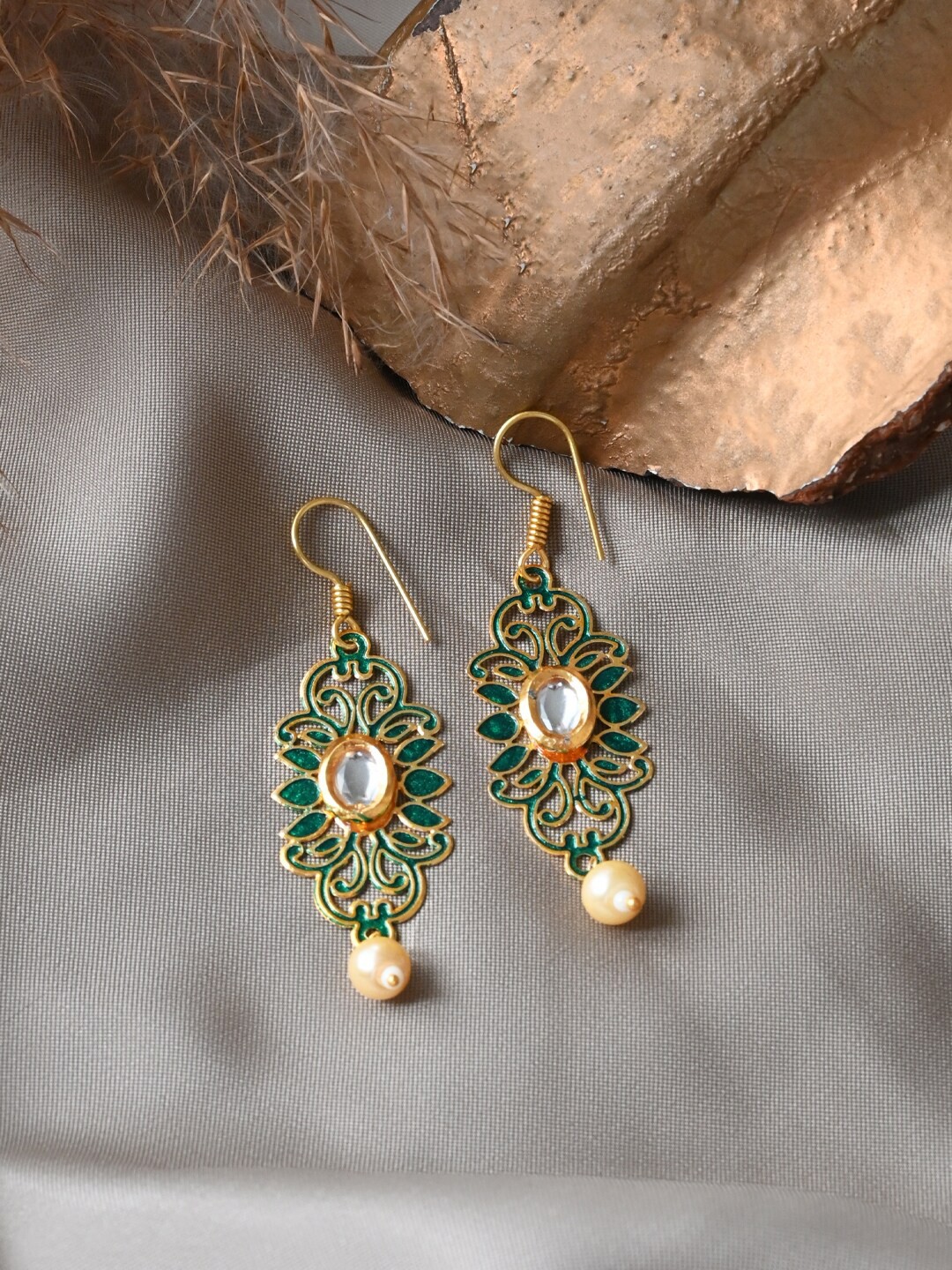 

TEEJH Gold Plated Contemporary Filigree Pearl Beaded Drop Earrings