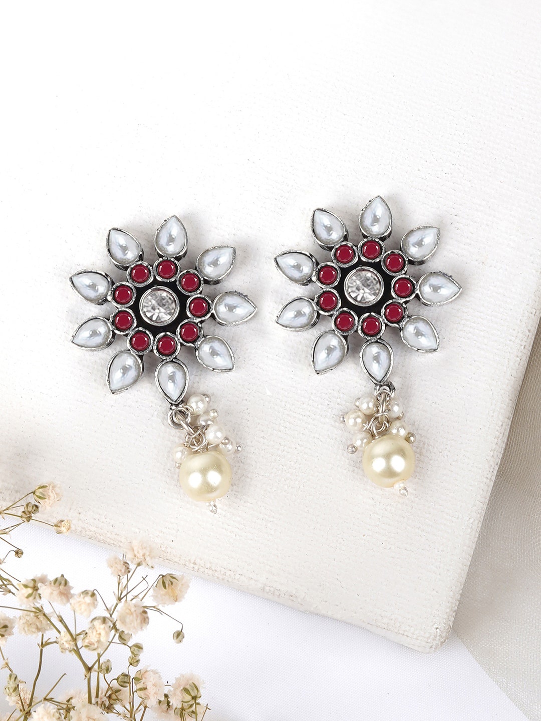 

TEEJH Silver-Plated Stone-Studded & Beaded Oxidised Floral Drop Earrings