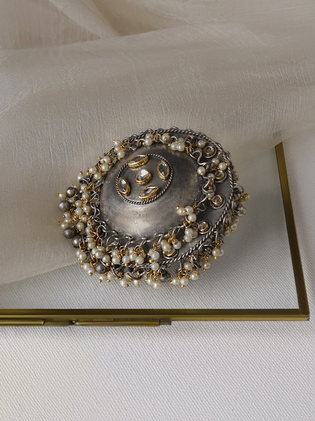 

TEEJH Aajita Silver-Plated Stone-Studded & Beaded Finger Ring
