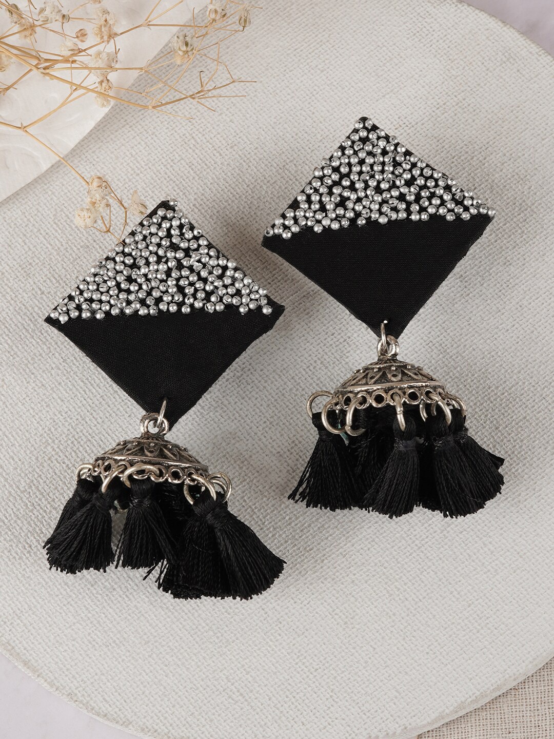 

TEEJH Samreen Silver-Plated Oxidised Contemporary Tassel Jhumkas Earrings