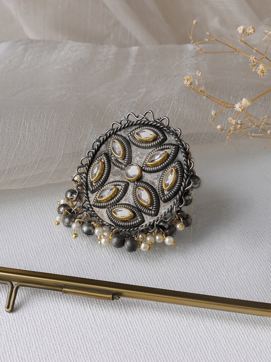 

TEEJH Silver-Plated Stone Studded & Beaded Finger Ring