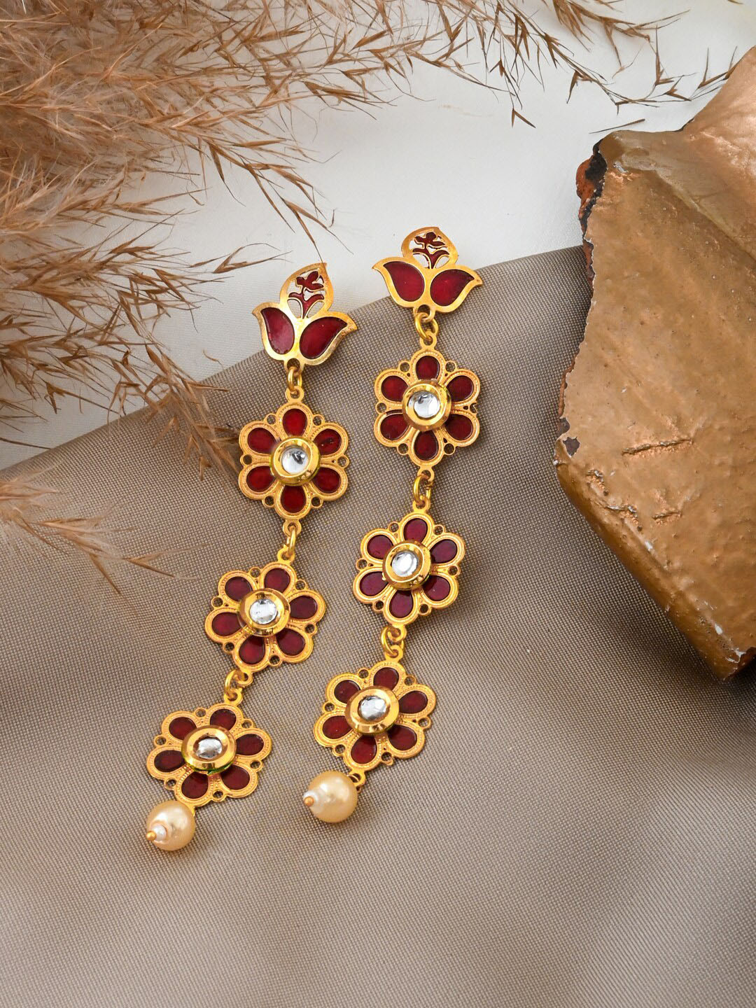 

TEEJH Gold-Plated Floral Stone-Studded & Beaded Drop Earrings