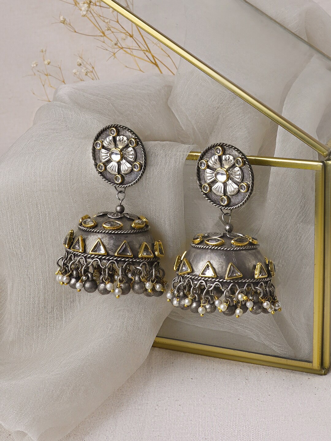 

TEEJH Udyati Silver-Plated Dome Shaped Oxidised Jhumkas Earrings