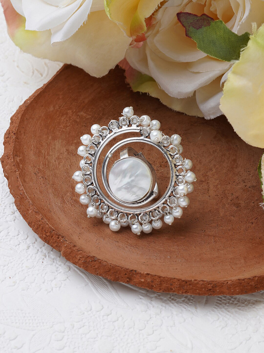 

TEEJH Silver-Plated Beaded Adjustable Finger Ring