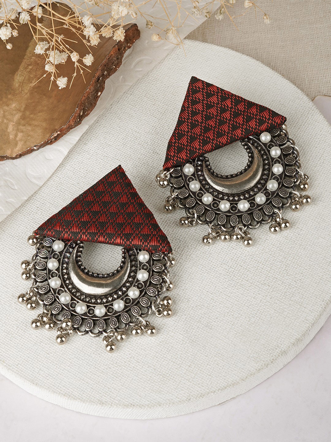 

TEEJH Silver-Plated Beaded Contemporary Chandbalis Earrings