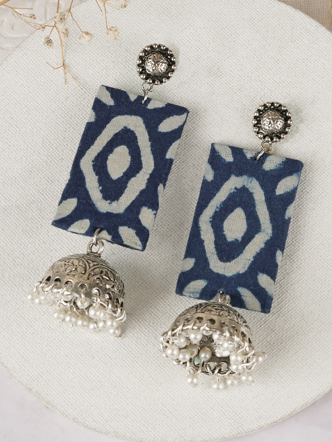 

TEEJH Silver Plated Indigo Ajrak Print Contemporary Stone Beaded Jhumkas Earrings