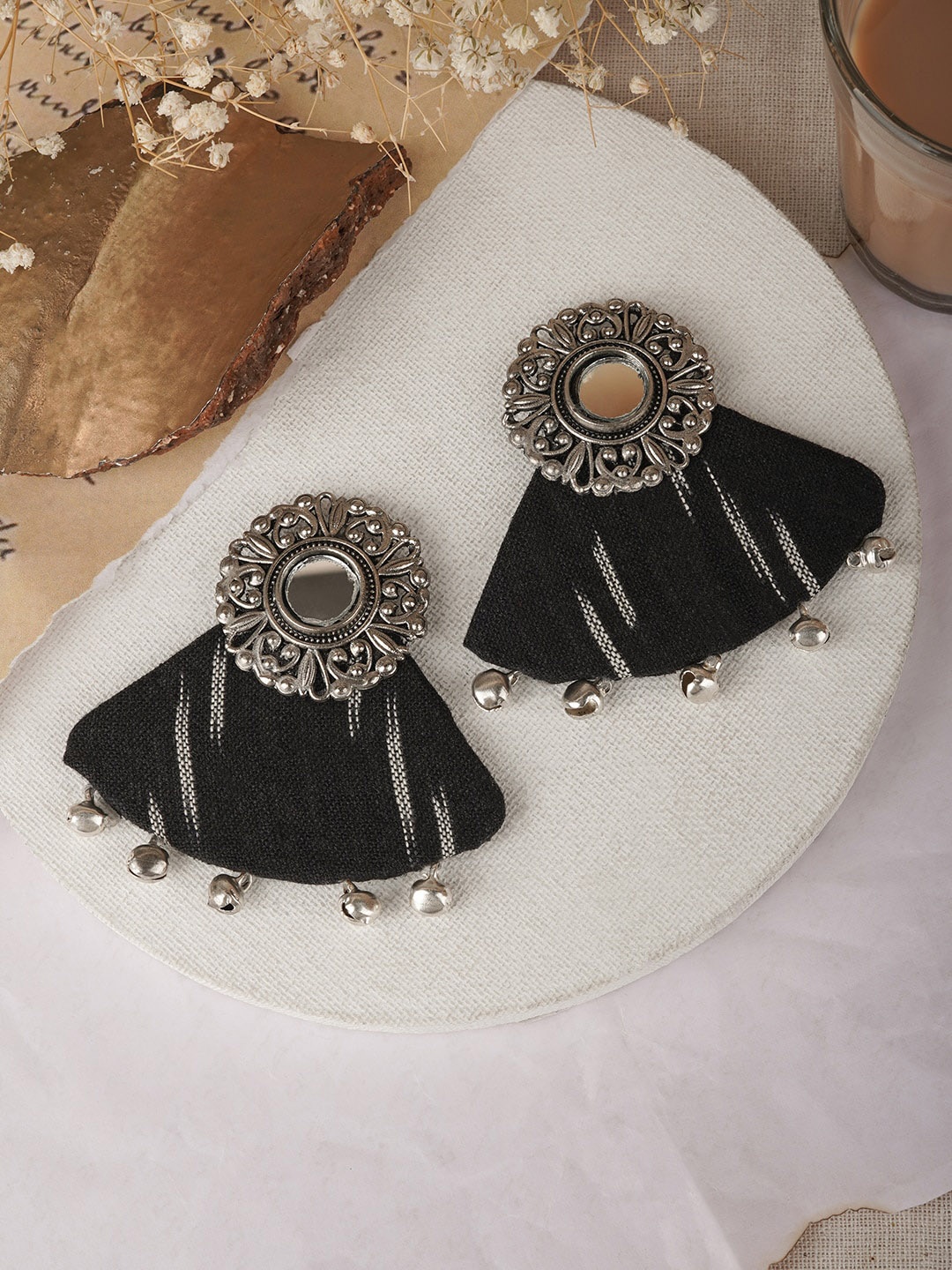

TEEJH Silver Plated Ikkat Contemporary Stone Beaded Drop Earrings