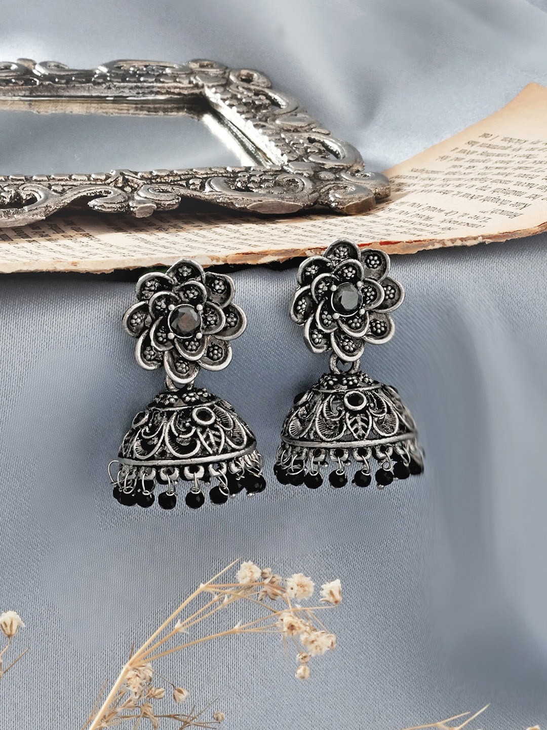 

TEEJH Silver-Plated Oxidised Contemporary Jhumkas Earrings