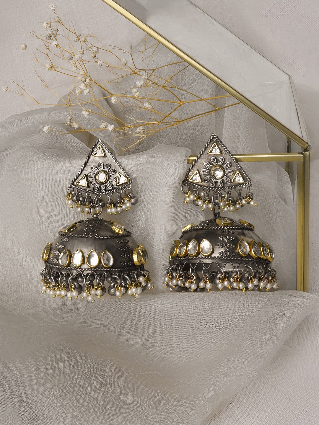 

TEEJH Silver Plated Contemporary Oxidised Stone Studded Jhumkas Earrings