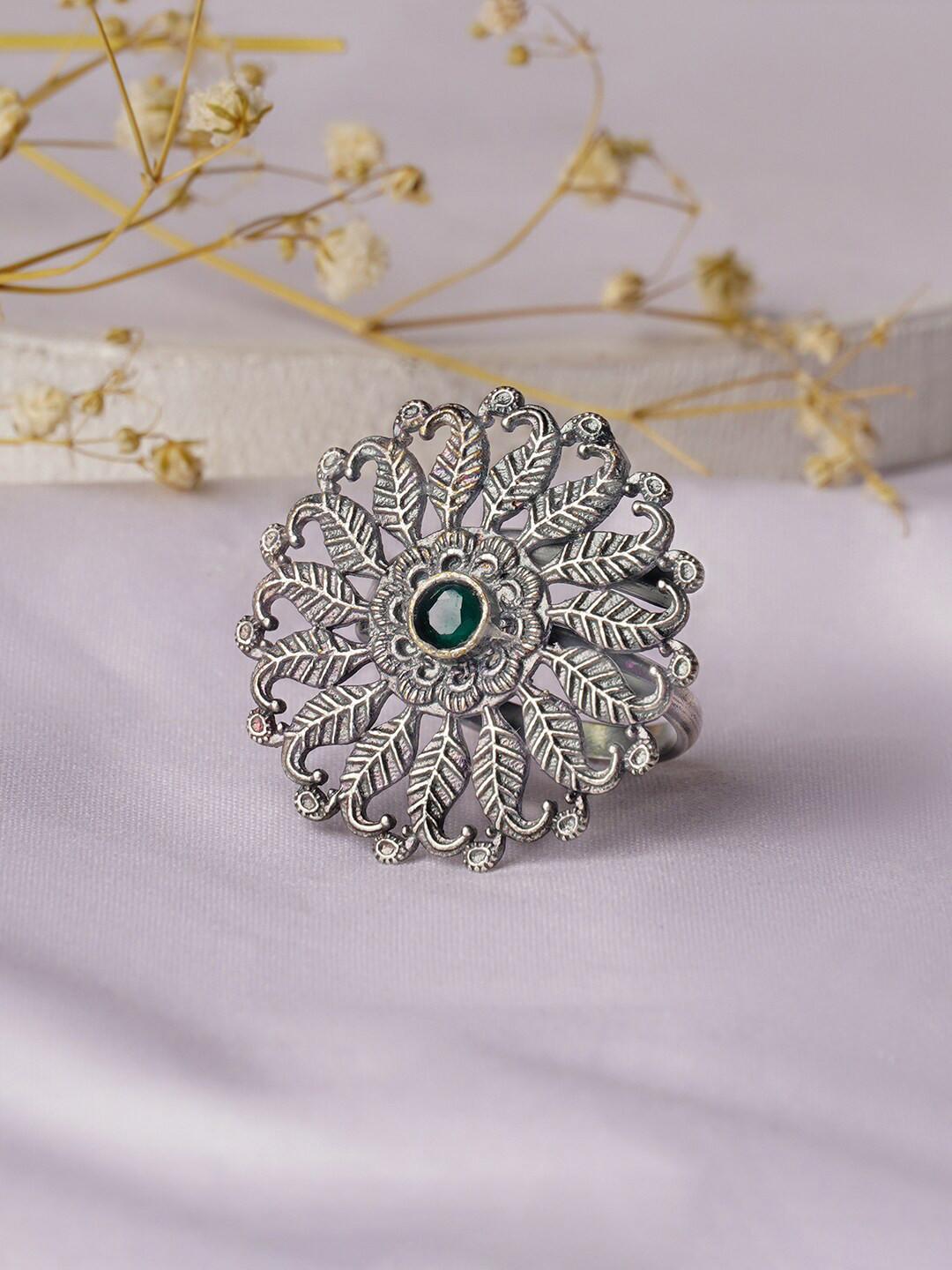 

TEEJH Silver-Plated Stone Studded Ring