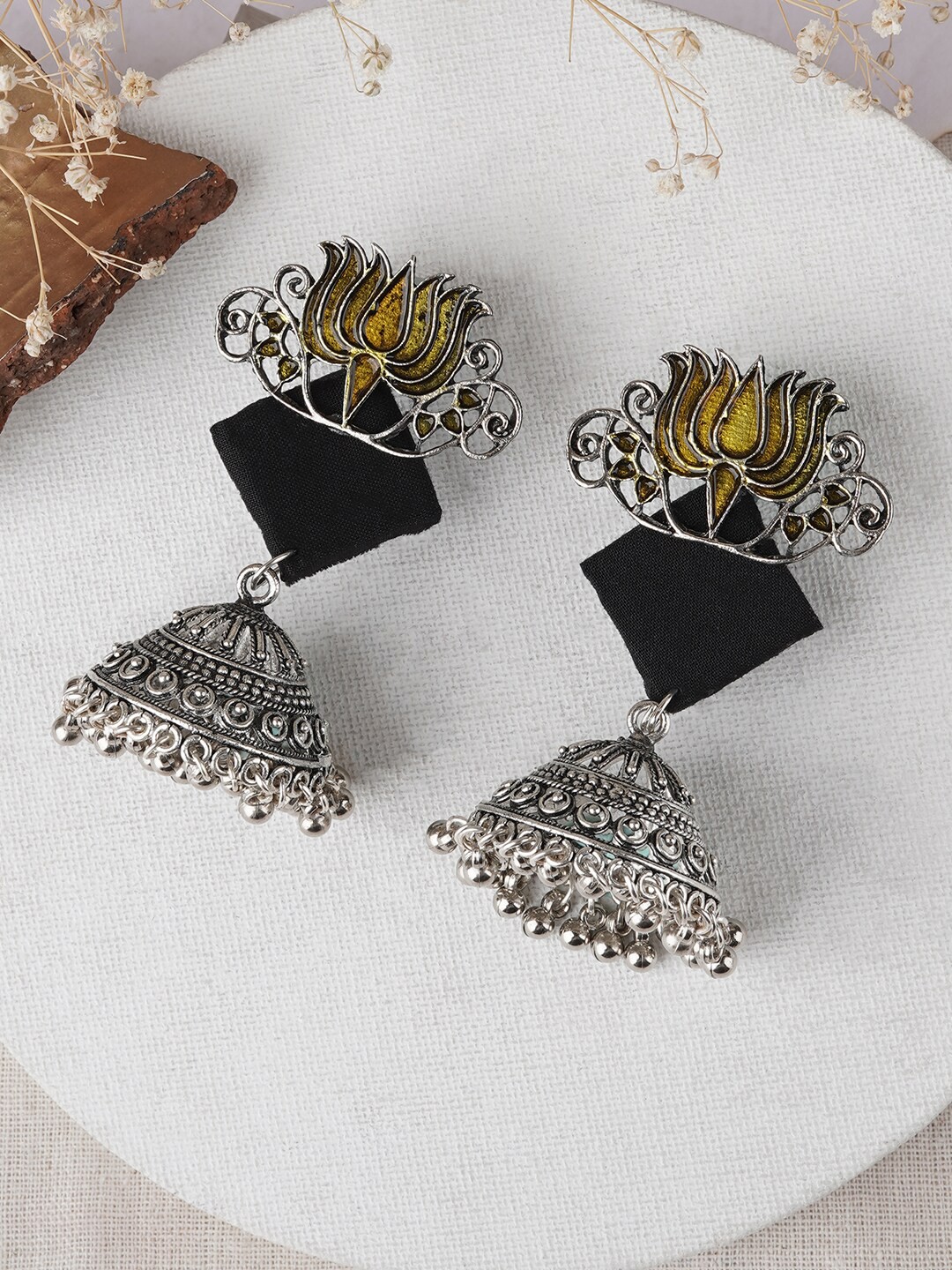 

TEEJH Helna Silver-Plated Oxidised Dome Shaped Jhumkas Earrings, Black