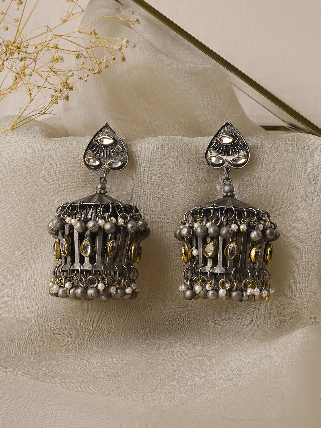 

TEEJH Malvika Silver-Plated Oxidised Jhumkas Earrings