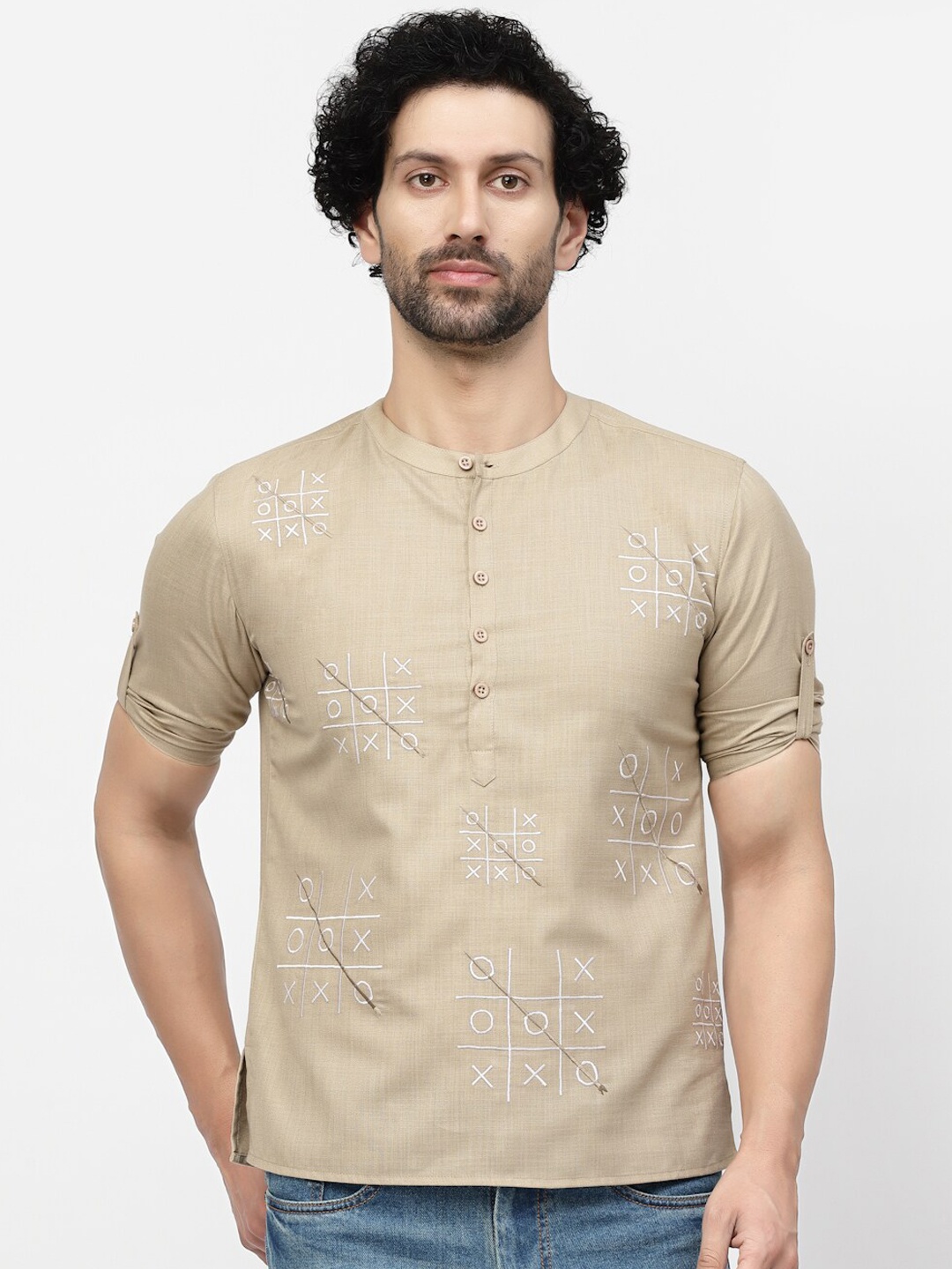 

LELA Tic-Tac-Toe Embroidered Band Collar Kurta, Beige