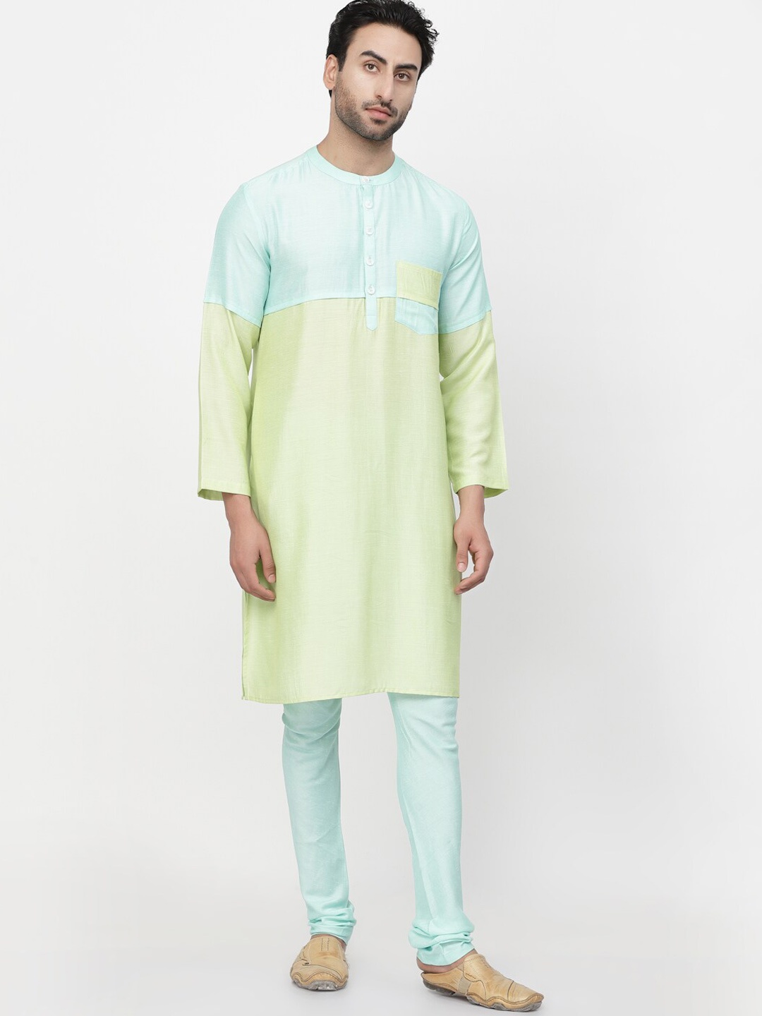 

LELA Colourblocked Band Collar Pocket Detail Straight Kurta, Lime green