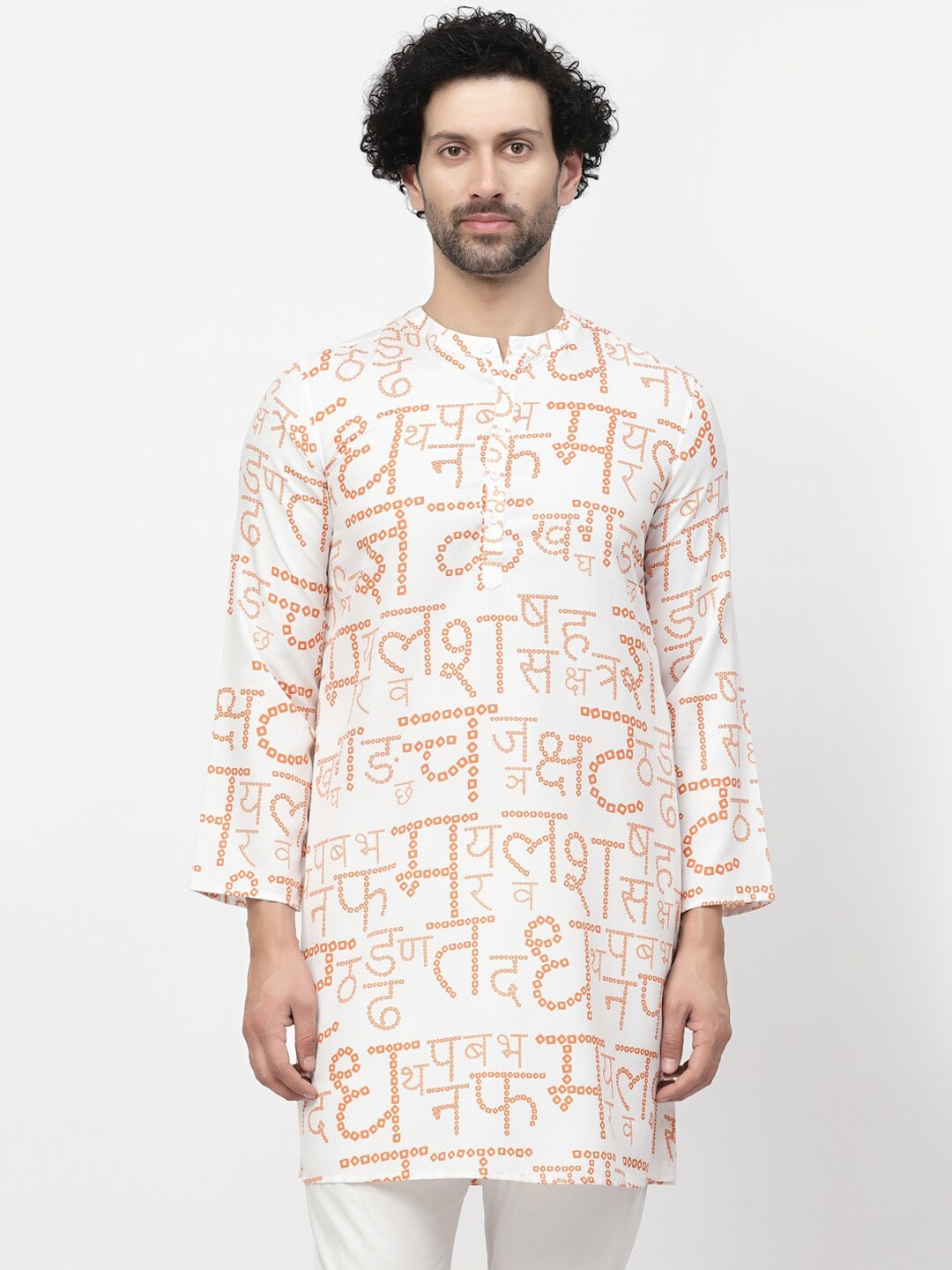 

LELA Quirky Printed Band Collar Kurta, Orange