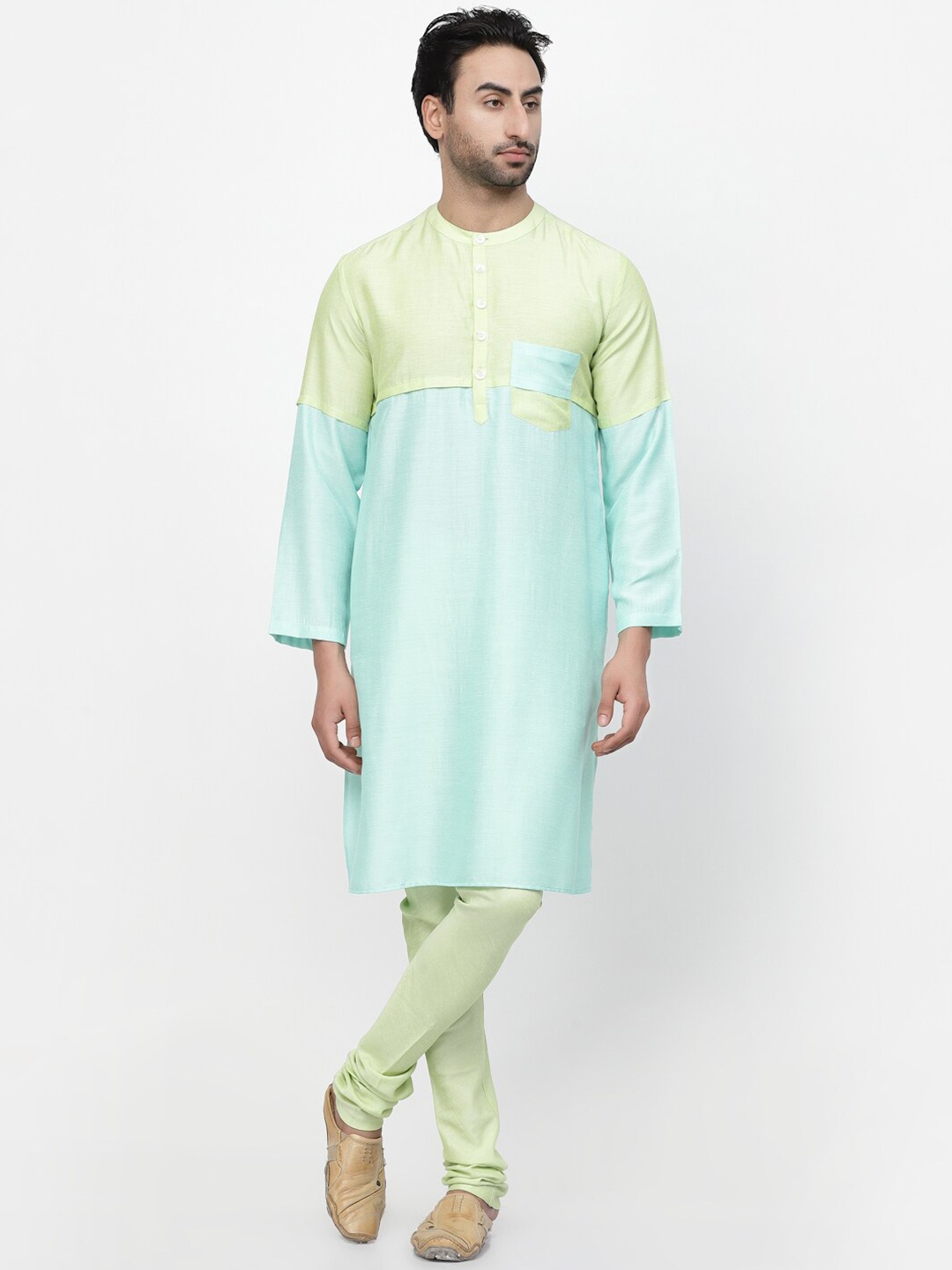 

LELA Colourblocked Band Collar Pocket Detail Straight Kurta, Turquoise blue