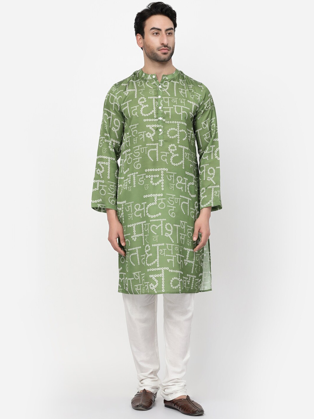 

LELA Quirky Printed Band Collar Kurta, Green