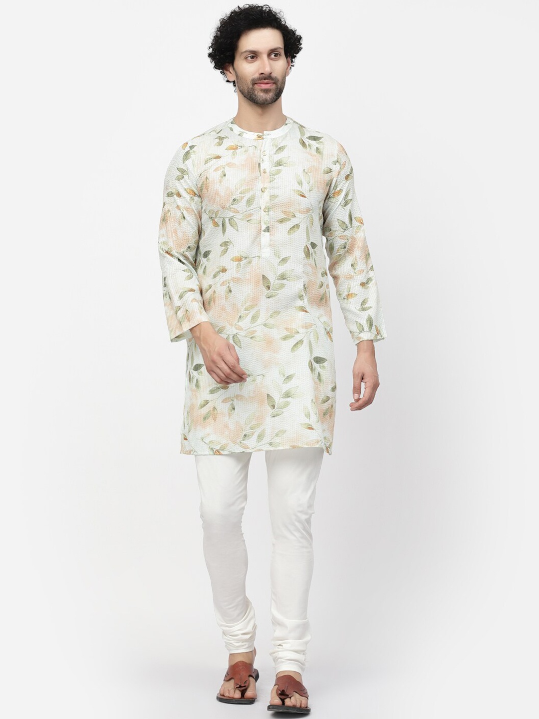 

LELA Floral Printed Thread Work Sequined Cotton Kurta, White