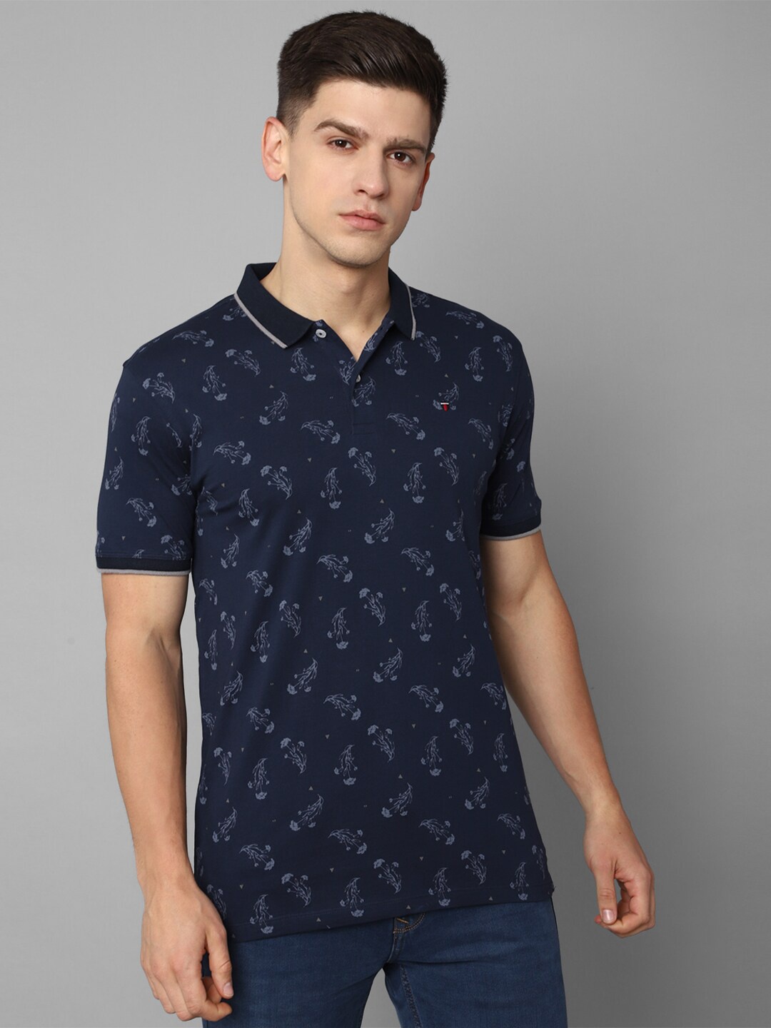 

Louis Philippe Jeans Polo Collar Floral Printed Cotton T-shirt, Navy blue