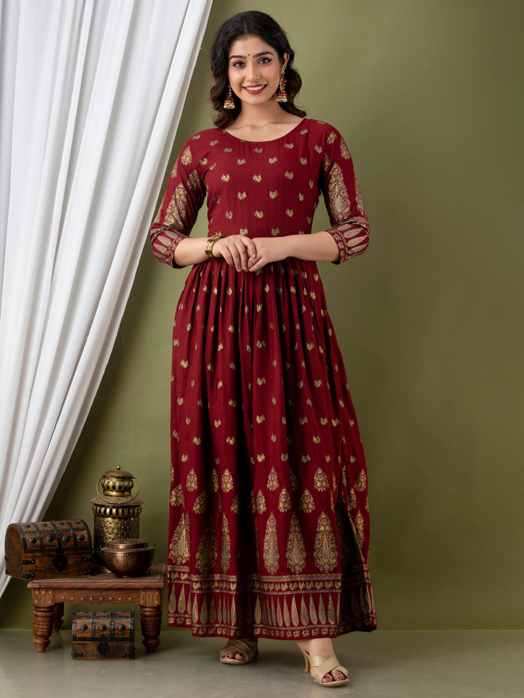 

SURHI Ethnic Motifs Printed Round Neck Ethnic Dress, Maroon