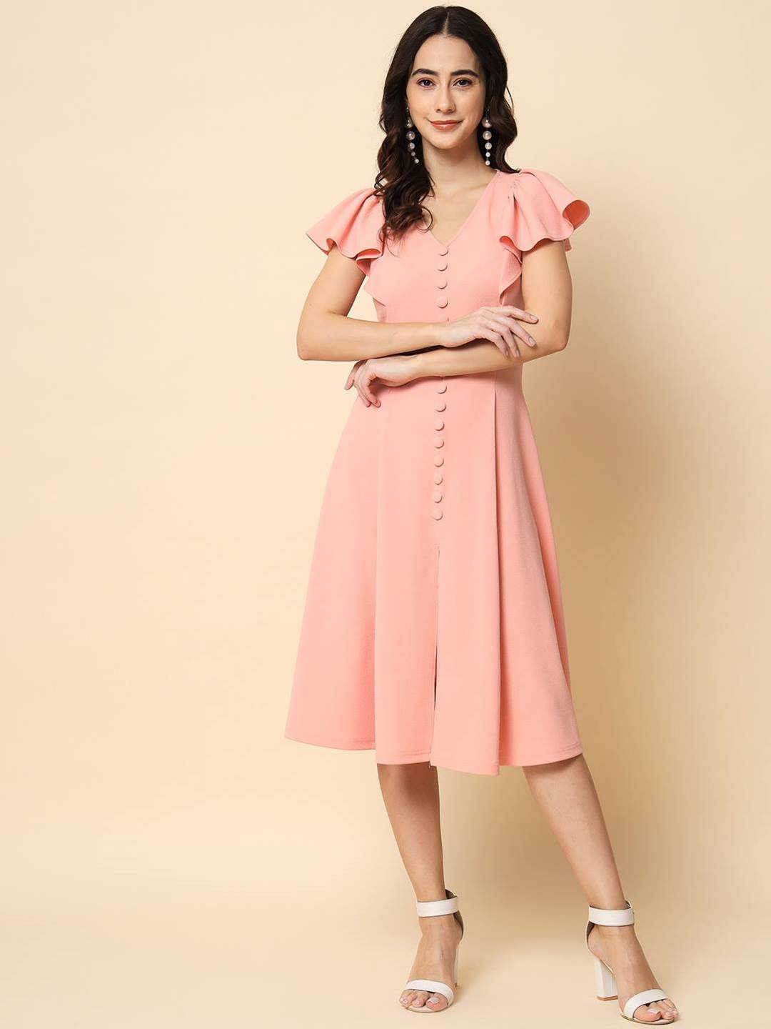 

Beatnik Flutter Sleeve Fit & Flare Midi Dress, Pink