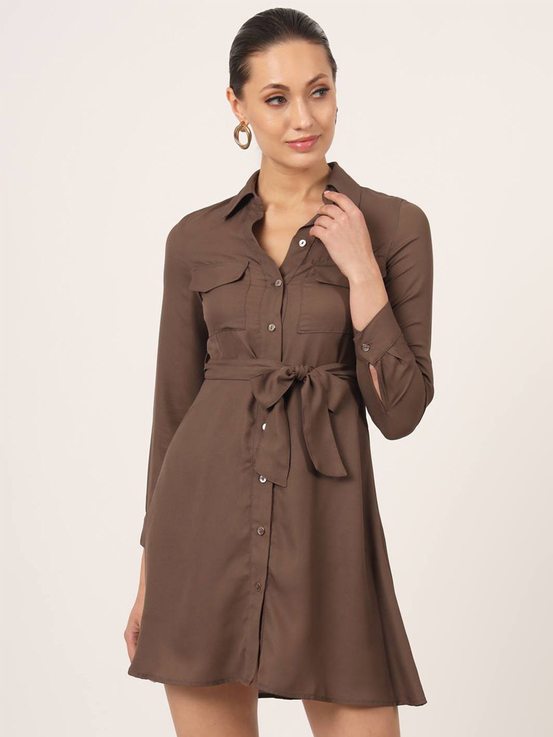 

Beatnik Shirt Tie-Up Mini Dress, Brown
