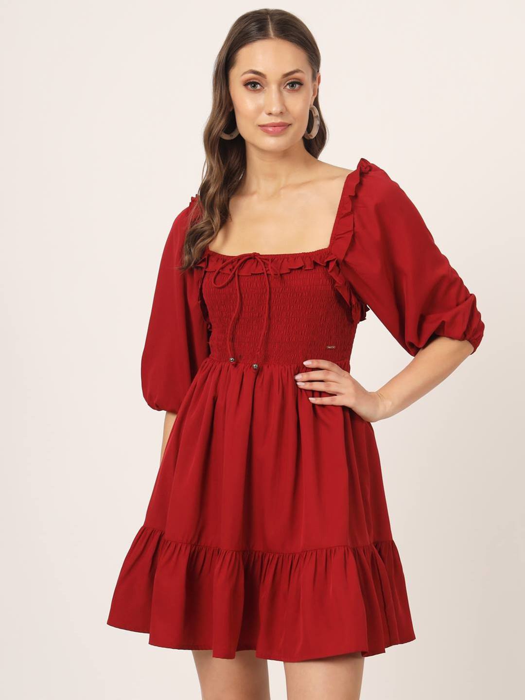 

Beatnik Square Neck Puff Sleeve Fit & Flare Dress, Red