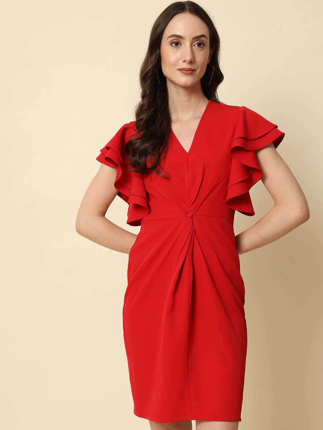 

Beatnik Twisted Flutter Sleeves Sheath Dress, Red