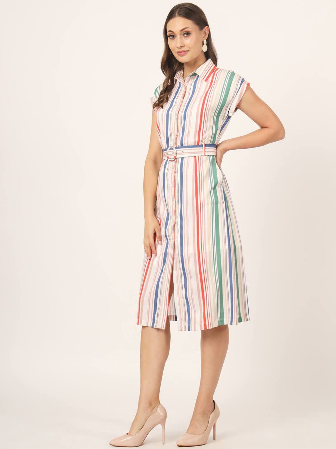 

Beatnik Striped Belted Shirt Dress, Pink