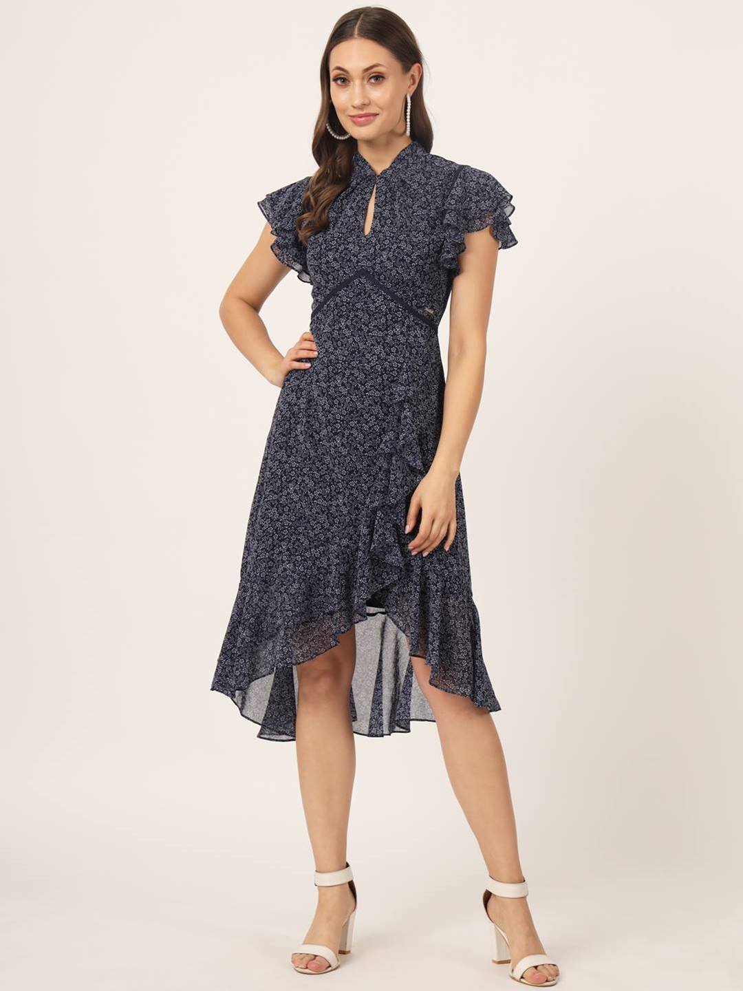 

Beatnik Floral Print Tie-Up Neck Flutter Sleeve Fit & Flare Midi Dress, Navy blue