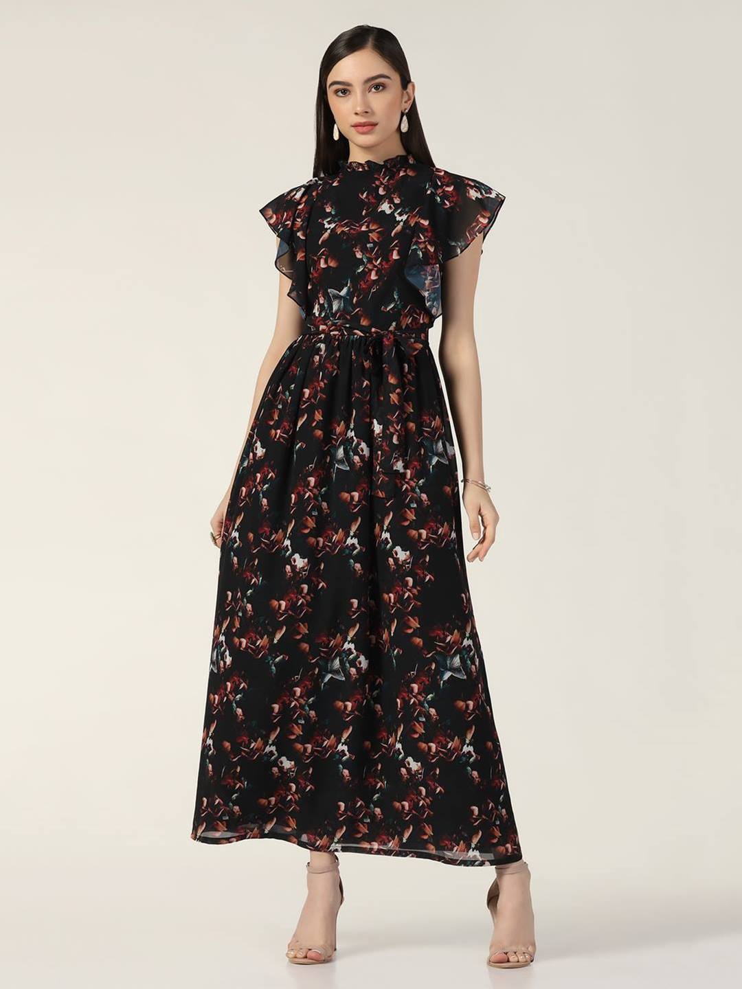 

Beatnik Floral Print Flutter Sleeve Maxi Dress, Black