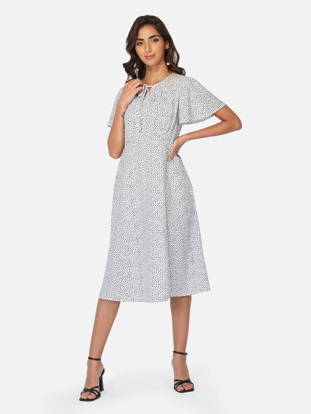 

Beatnik Polka Dots Printed Flared Sleeves A-Line Midi Dress, White