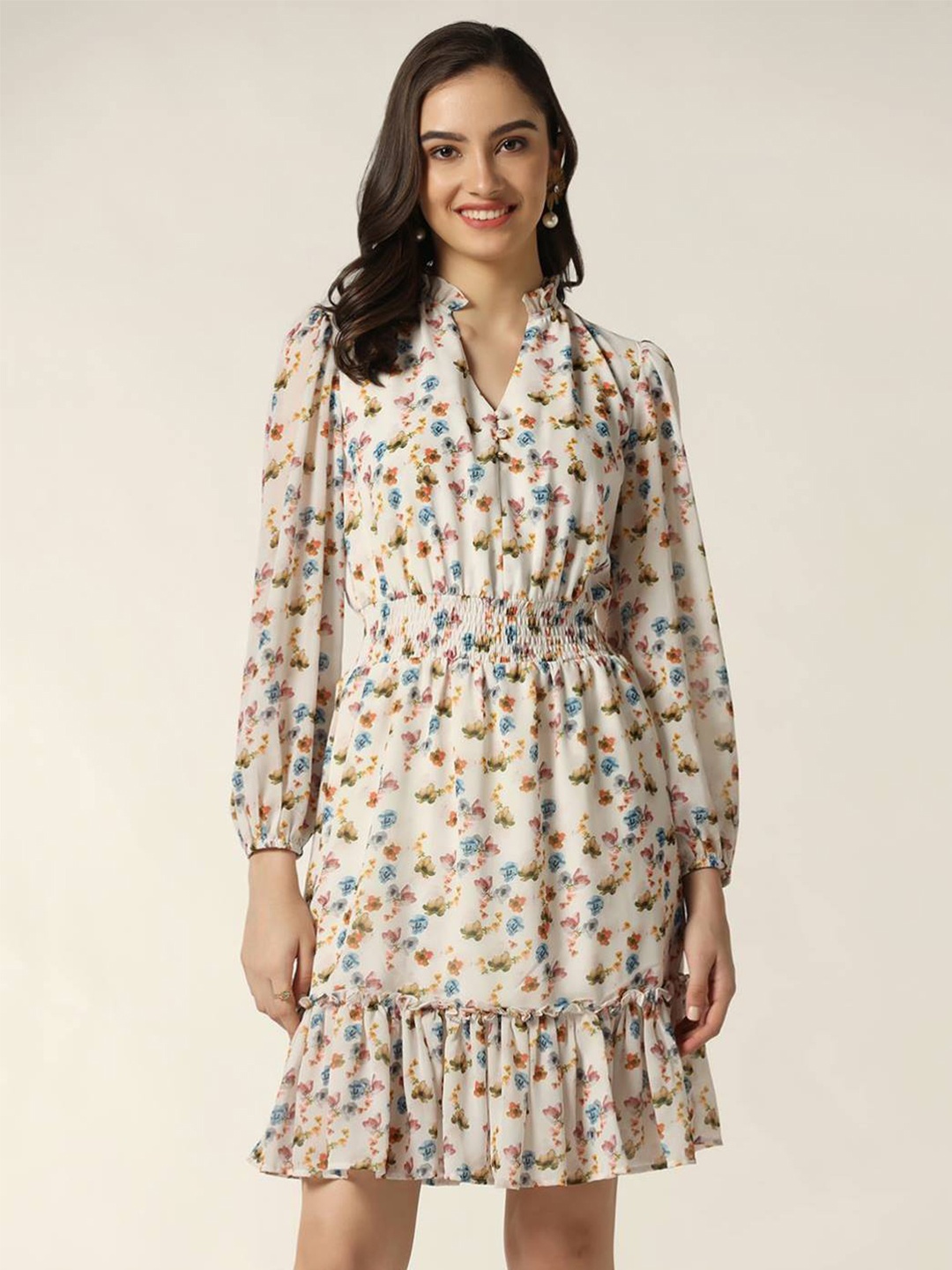 

Beatnik Mandarin Collar Floral Print A-Line Dress, White