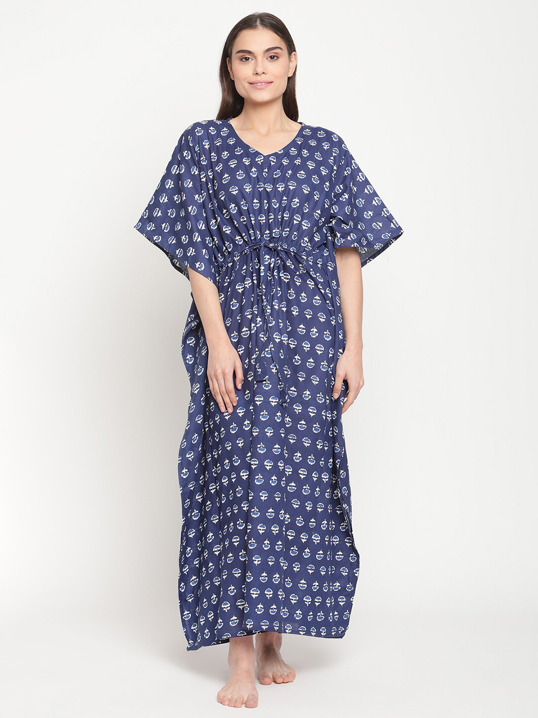 

TAG 7 Ethnic Motifs Printed Pure Cotton Maxi Kaftan Nightdress, Blue