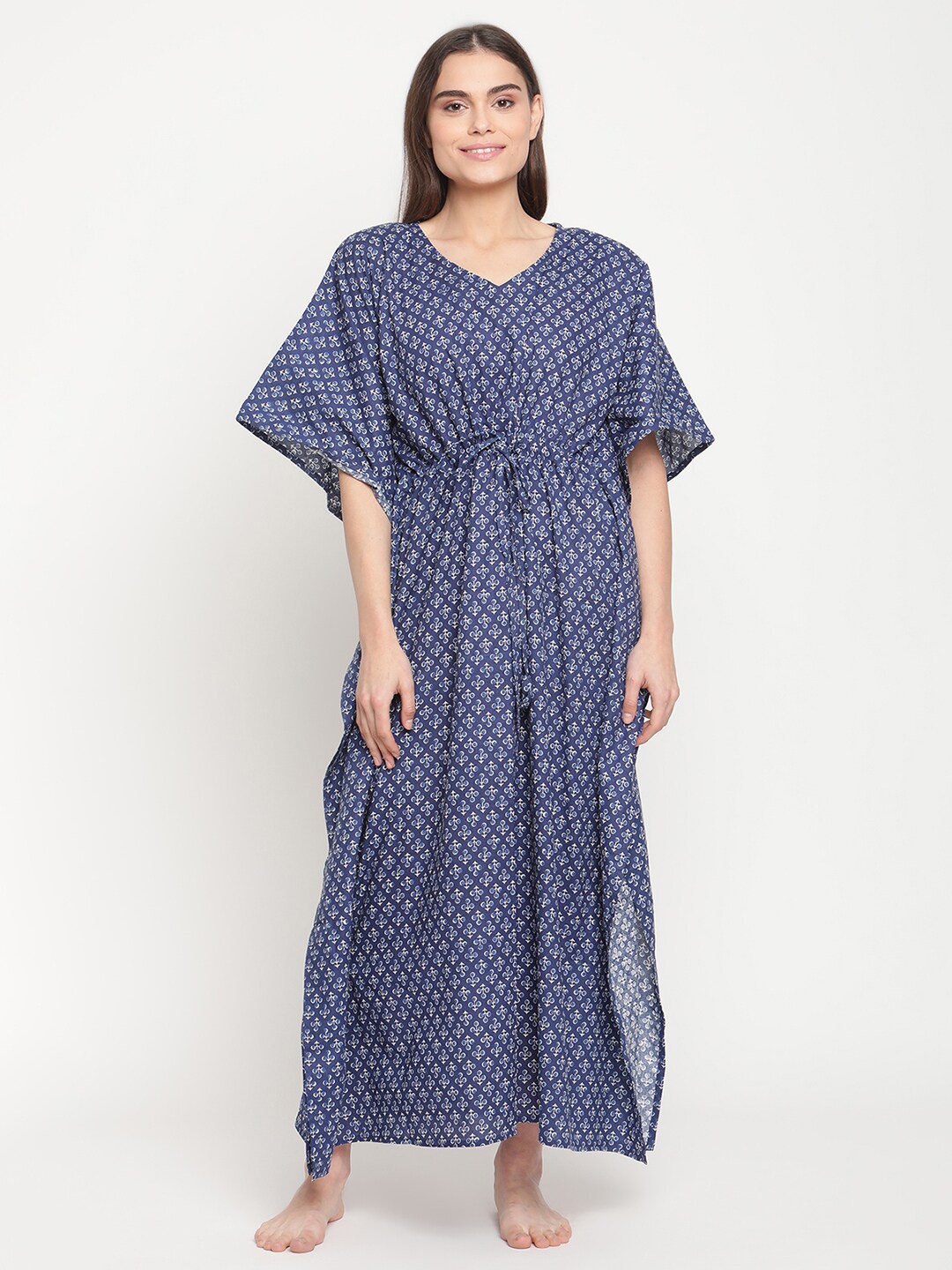 

TAG 7 Ethnic Motifs Printed Pure Cotton Kaftan Maxi Nightdress, Blue
