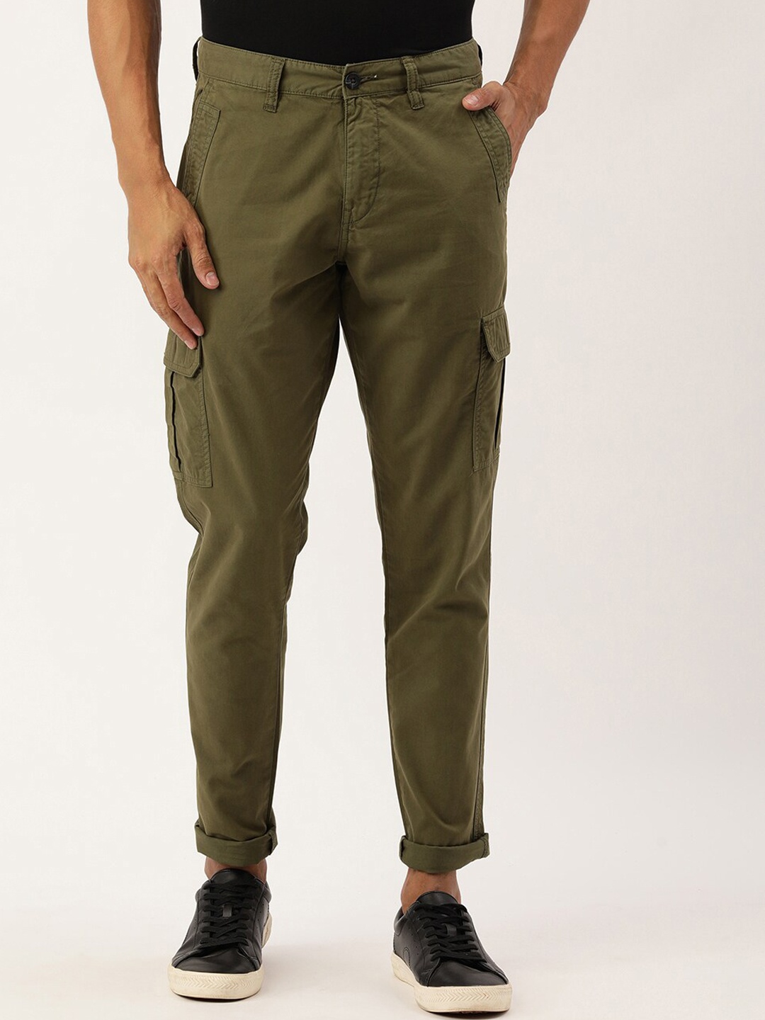 

IVOC Men Slim Fit Mid -Rise Cotton Cargos Trousers, Olive